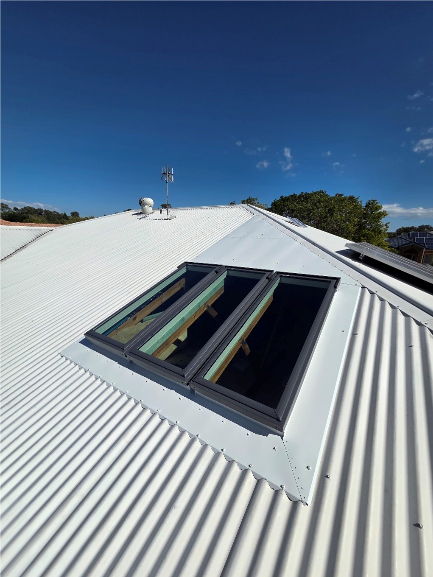 Three skylights installed together in a white corrugated metal roof.