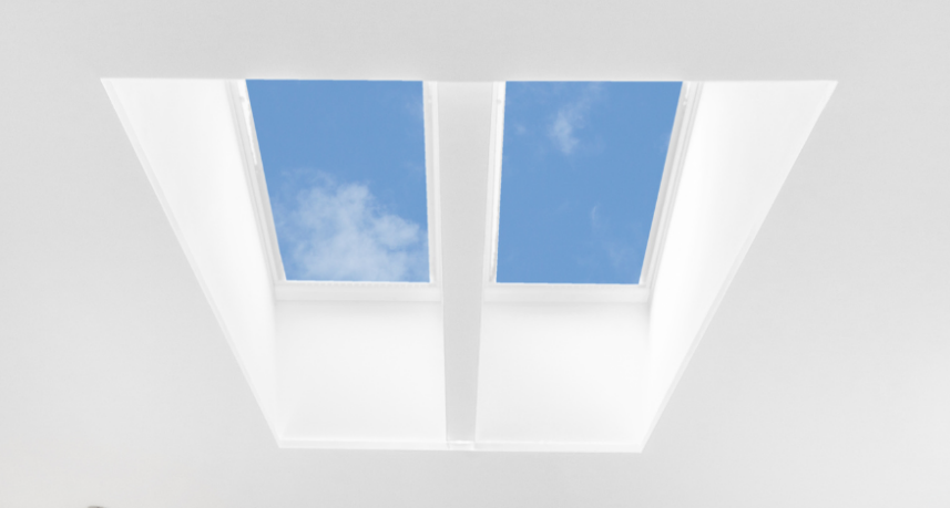 A double skylight cluster set within a white ceiling reveal