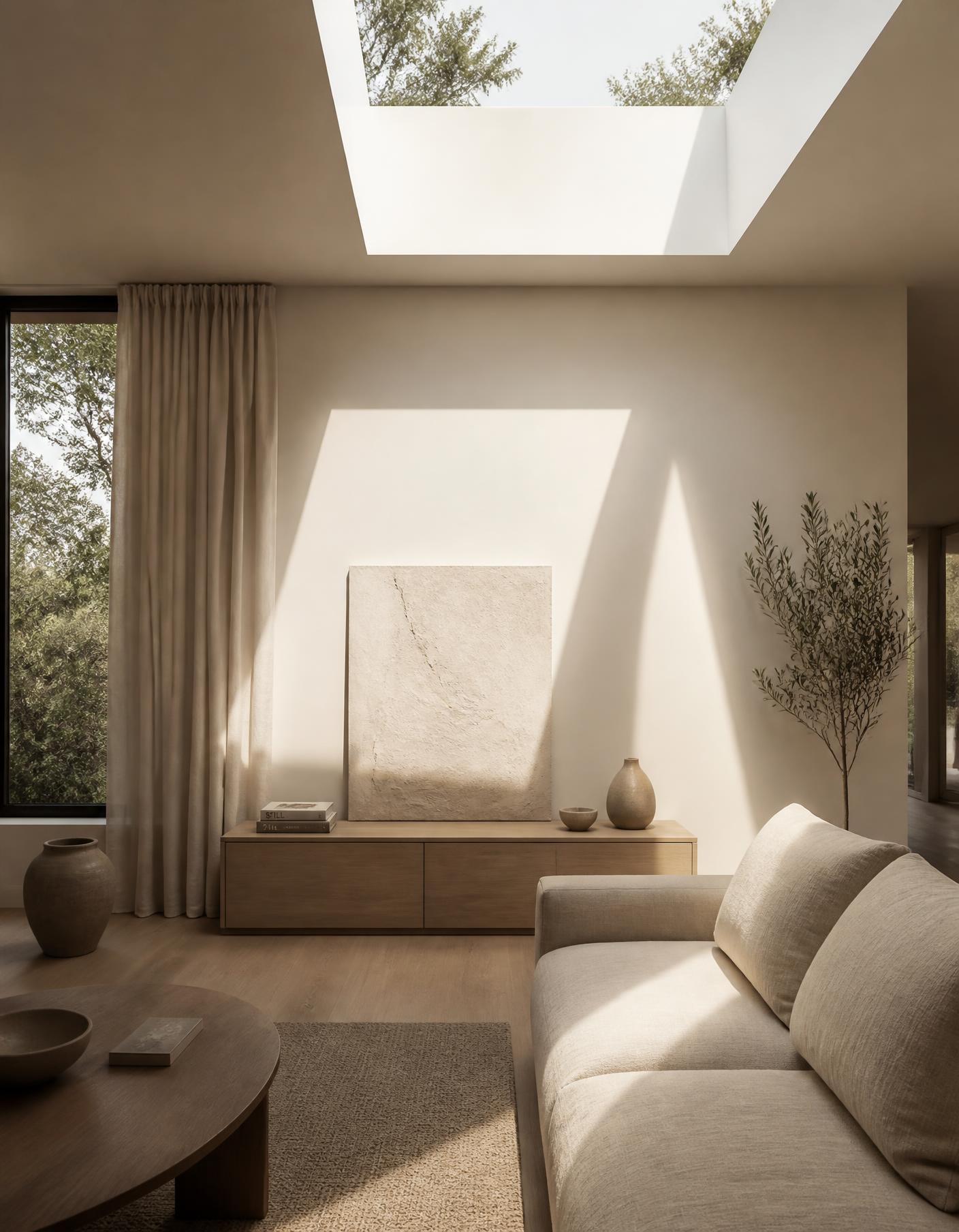 Daylight from a ceiling skylight falling into a quiet living space