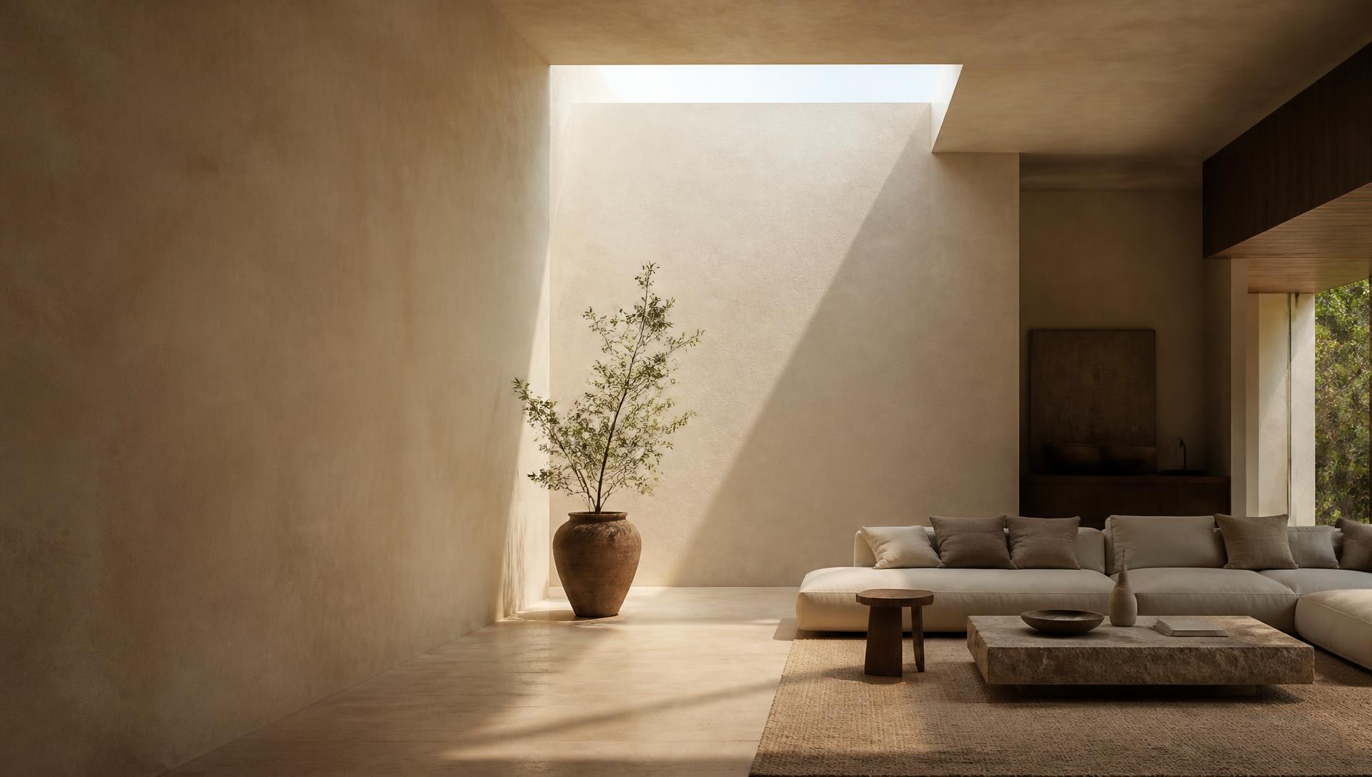 A calm living room where daylight from a long ceiling opening falls across a warm plaster wall