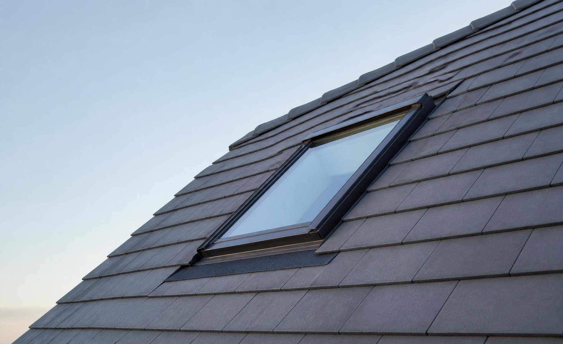 A skylight set into a tiled roofline, seen against a pale sky