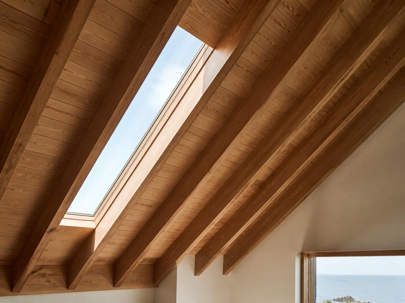 Daylight entering between exposed timber rafters in a raked timber-lined ceiling